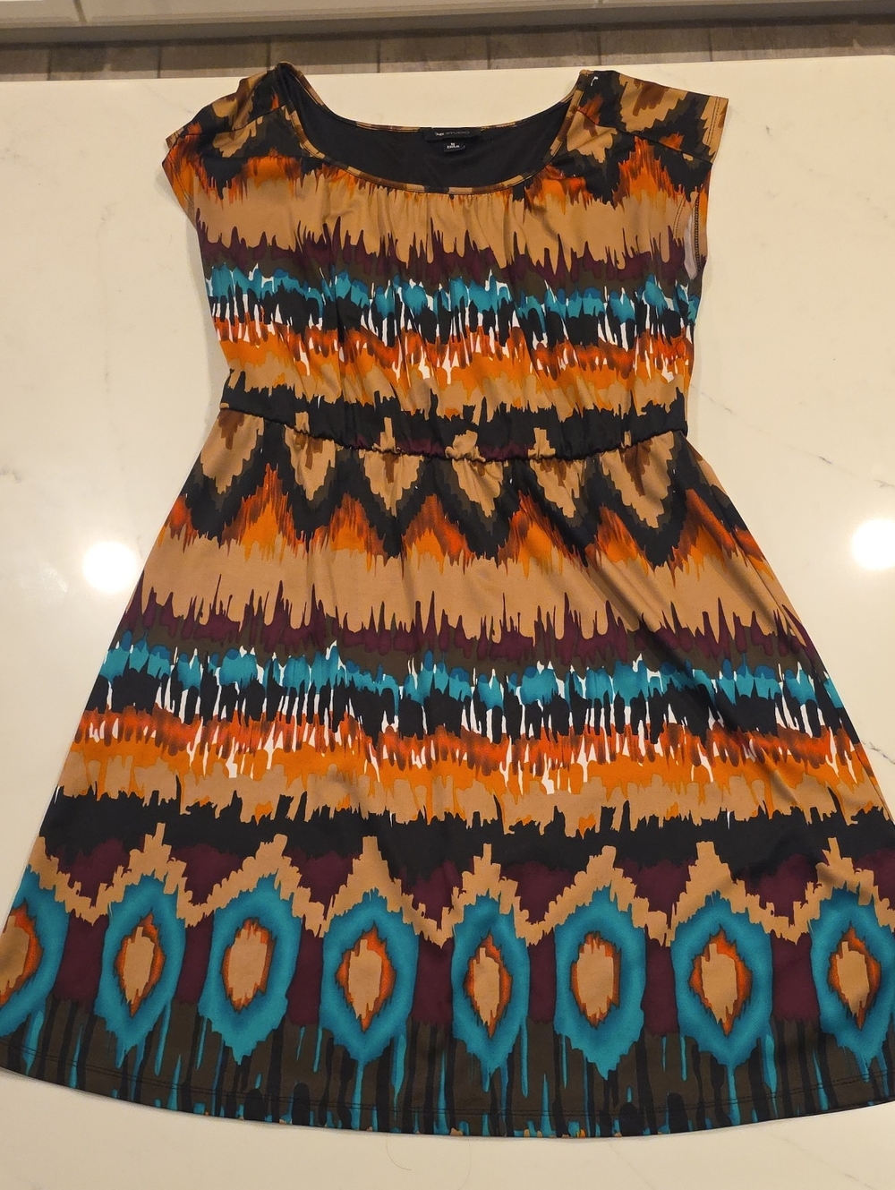 AB Studio Multicolor Teal Orange Tan Black Printed Fit & Flare Dress
